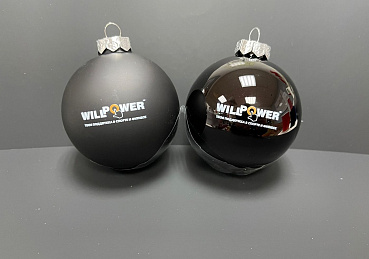 Черные елочные шары с логотипом WILLPOWER (матовый и глянцевый)